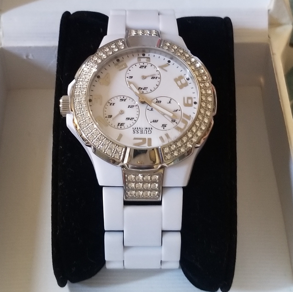 Guess white ceramic and rhinestone watch